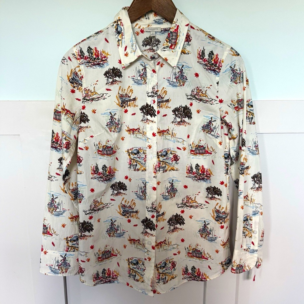 Talbots Button-Up Shirt Women's M White Scenic Print Collared Long Sleeve Cotton